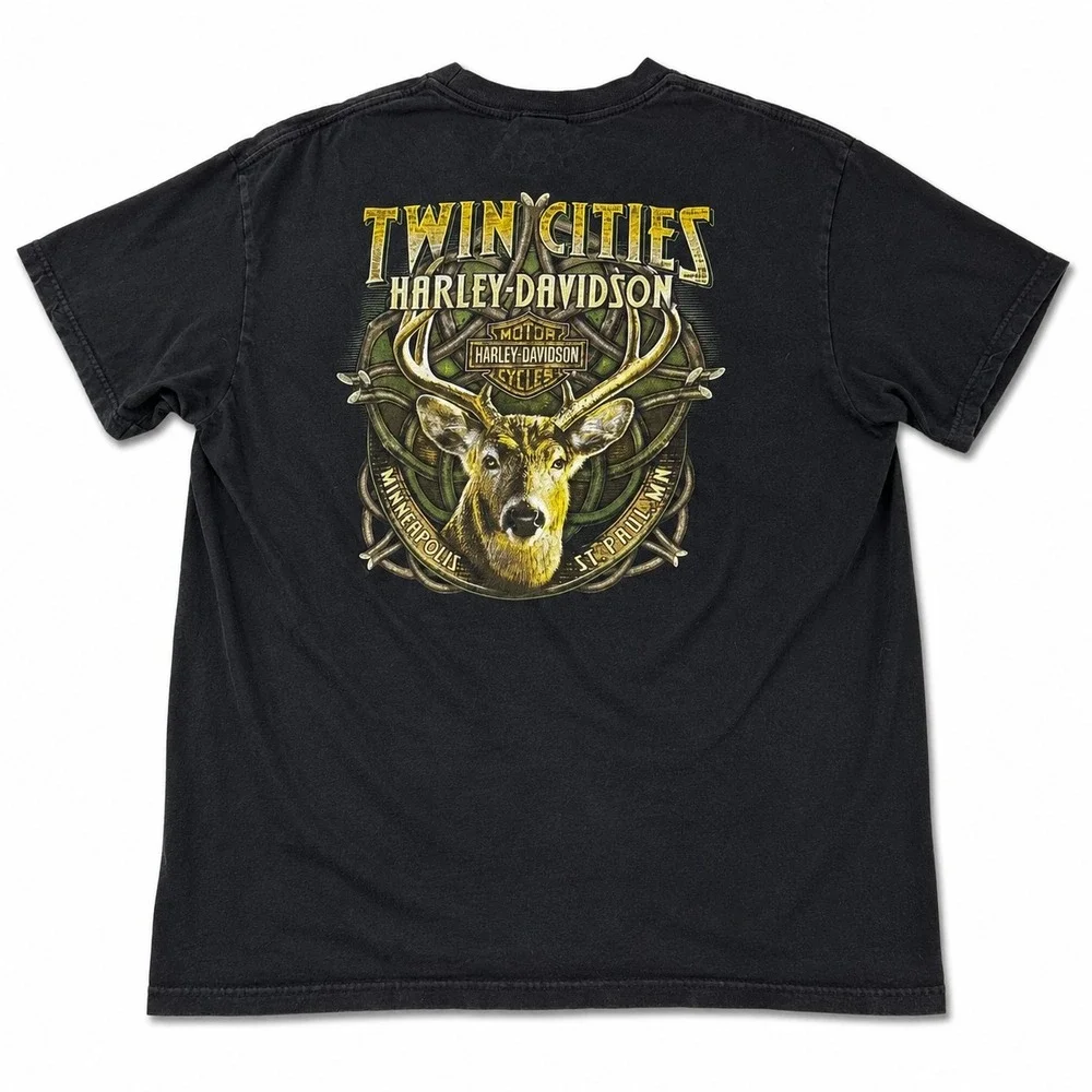 Harley Davidson Twin Cities Deer Graphic T Shirt Mens XL Black Mnpls St Paul‎
